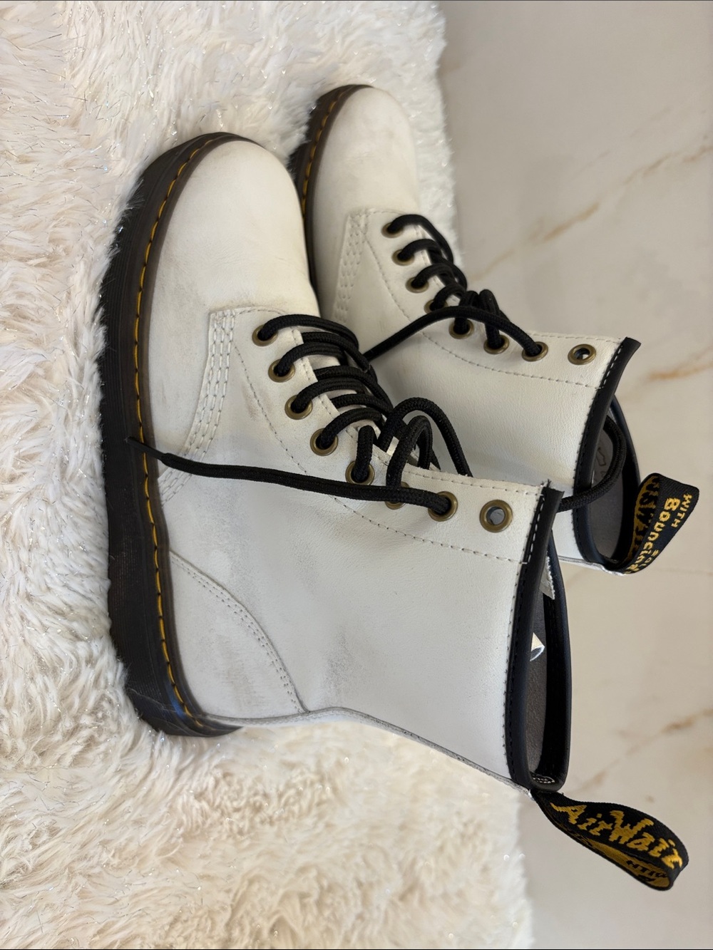Dr. Martens White Leather Lace-Up Boots with Black Trim